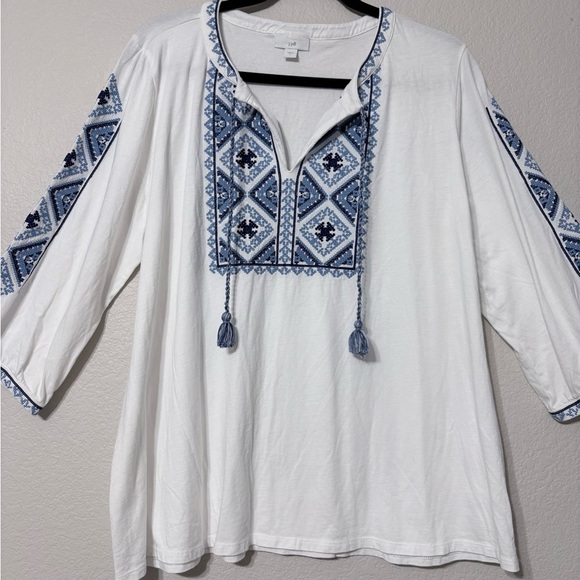 J. Jill Tops - J. Jill Women’s White Blue Cross-stitch Embroidered Tunic Tassels Boho Peasant L